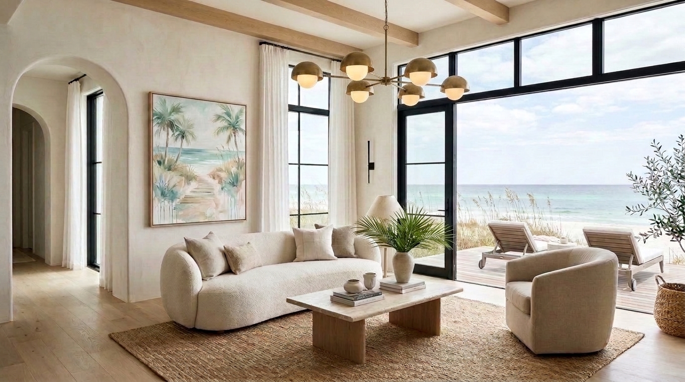 A contemporary coastal residence with floor-to-ceiling glass opening to the Gulf